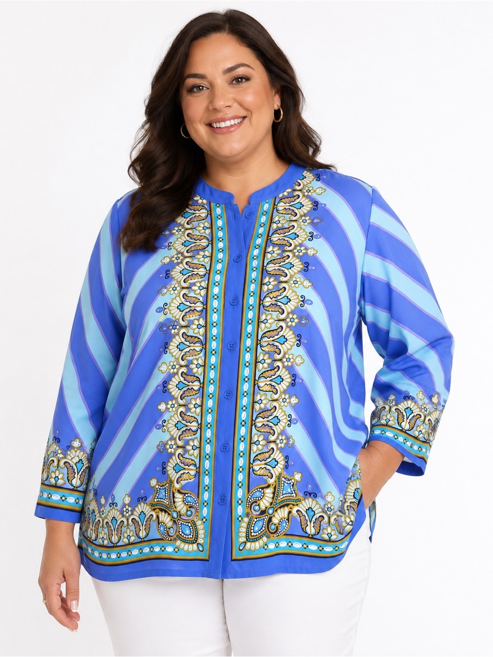 Bob Mackie Wearable Art Blue Baroque Border Print Button Front Blouse Top 1X